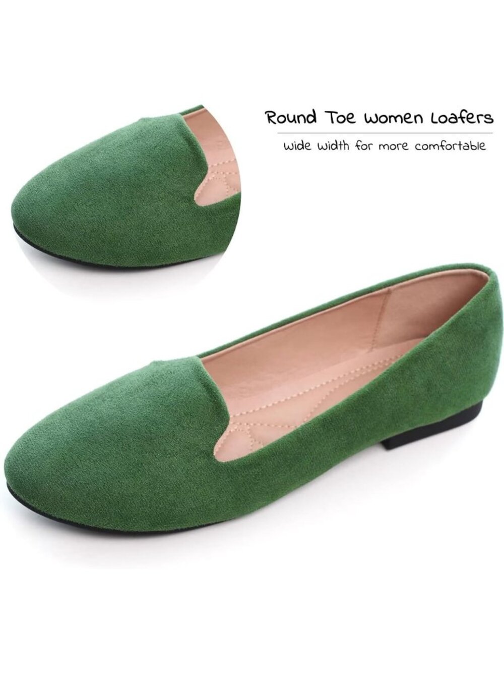 Women's Round Toe Army Green Suede Comfortable Ballet Flats Slip On Dress Shoes - Picture 3 of 6